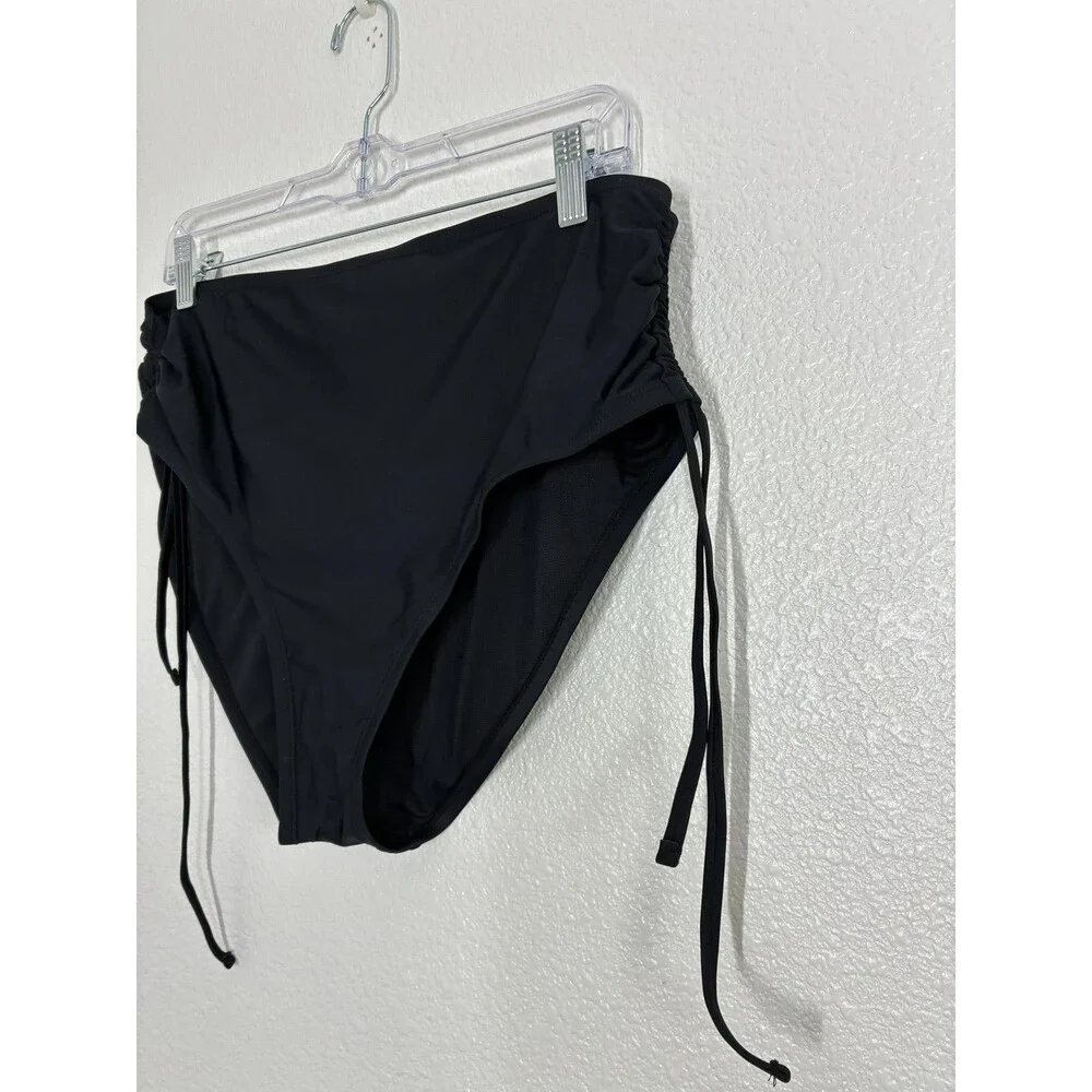 BCBG Paris Bikini Swim Bottom Womens XL Black High Waisted Ruched Side Ties